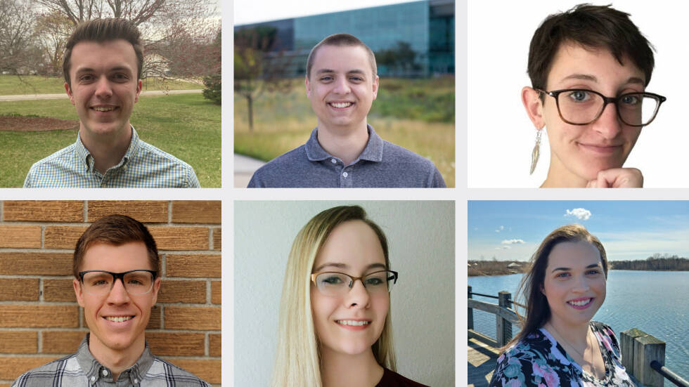 Six smiling individuals are shown in a two‑row grid of head‑and‑shoulders portraits, each photographed in various settings from leafy outdoors and campus buildings to plain indoor backgrounds conveying a friendly and diverse student group.